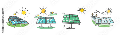 Collection of hand-drawn solar panel icons under a bright sun, representing renewable energy.