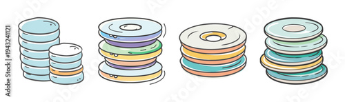 Stacks of colorful, round disks or coins in varying heights and arrangements