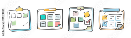 Hand drawn task boards with sticky notes and checklists for project management and planning.