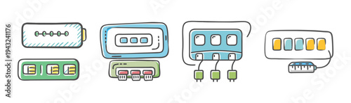 Doodle icons representing network switches, routers, and network interface ports.