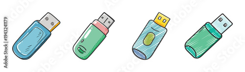 Collection of colorful hand-drawn USB flash drives for data storage and transfer