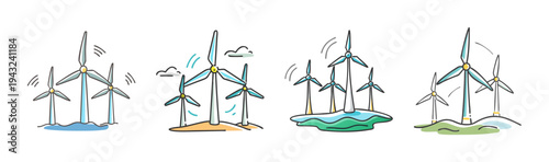 Collection of four hand-drawn wind farm icons with turbines on land and sea