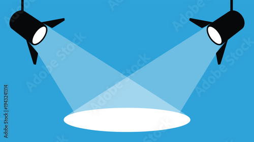 Two bright stage spotlights shine downward creating a circular illuminated area on a blue ground