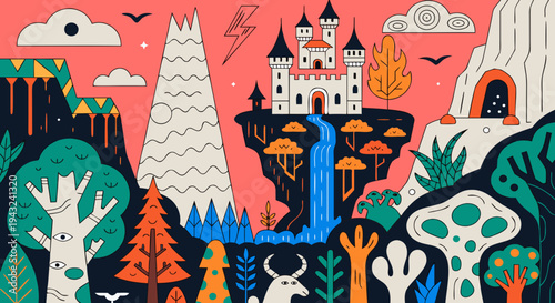 Illustrate breathtaking fantasy landscapes featuring magical mountains, enchanted forests, and mysterious skies. Incorporate elements like castles, waterfalls, and mythical creatures to evoke a sense 