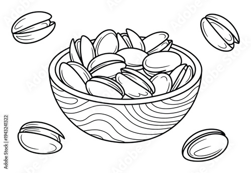 Black and White of a Bowl of Pistachios with Scattered Nuts