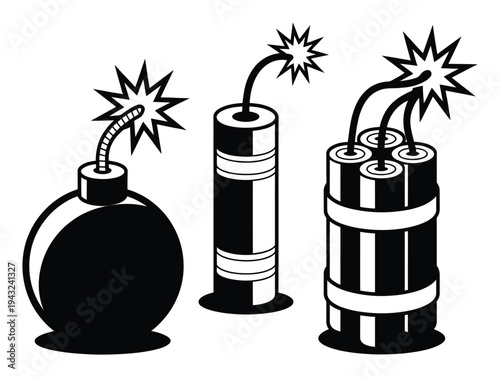 Black and White of Three Explosive Devices with Lit Fuses