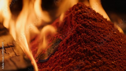 Fiery combustion abstract close up of a red powder substance and flames