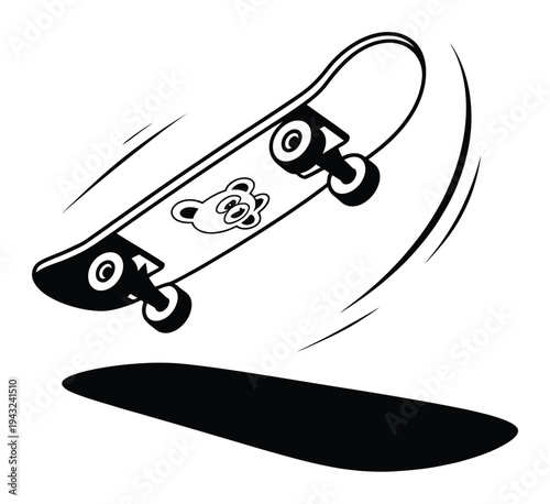 A black and white of a skateboard in mid-air with a teddy bear and a shadow below