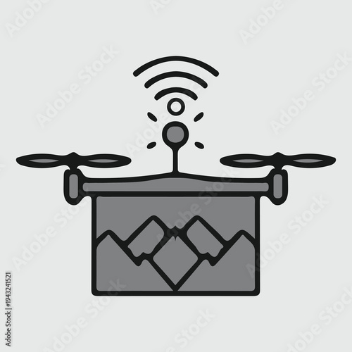 Black and grey silhouette icon of a drone with camera and Wi Fi signal . Minimalist drone icon with Wi-Fi signal, aerial photography, remote control, unmanned aircraft system vector .