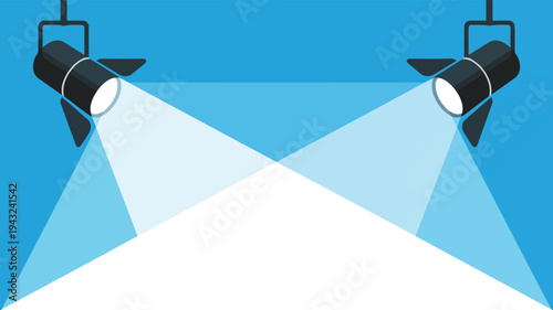 Two dark spotlights cast wide bright white light beams onto a broad stage area with a blue backdrop