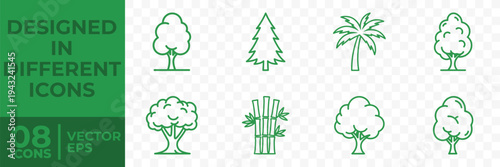 A flat vector graphic design featuring eight distinct tree icons, including various species, in a simple and minimalist style.