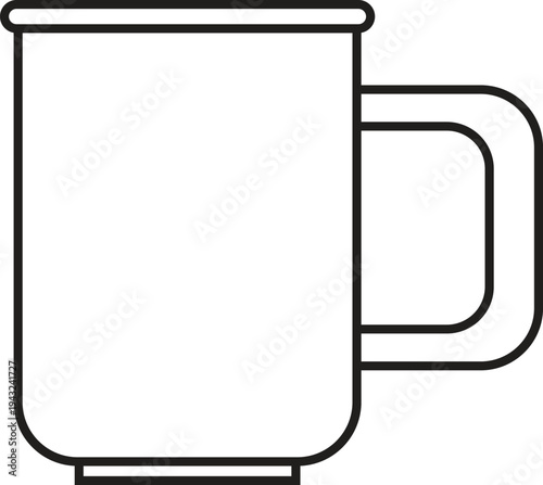 Simple black outline vector icon of a classic enamel camping mug with a handle, ideal for outdoor, kitchenware, or beverage-related designs and illustrations.