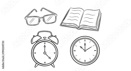 Vintage Alarm Clocks and Reading Glasses with Open Book.