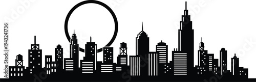 black city skyline silhouette with ferris wheel