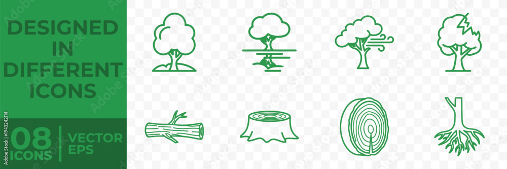Fototapeta premium A set of 8 flat vector icons depicting various tree-related graphics, including trees, stumps, and logs, in a simple green line style.