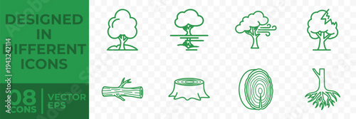 A set of 8 flat vector icons depicting various tree-related graphics, including trees, stumps, and logs, in a simple green line style.