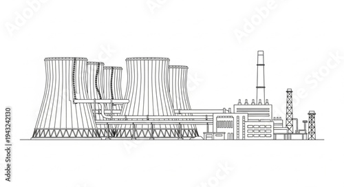 Industrial power plant cooling towers sketch.