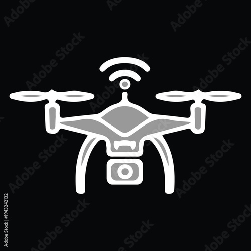 Black and grey silhouette icon of a drone with camera and Wi Fi signal . Minimalist drone icon with Wi-Fi signal, aerial photography, remote control, unmanned aircraft system vector .