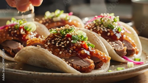 Gourmet asian cuisine plate of steamed buns with duck and garnishes