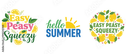 Three colorful typographic designs featuring lemons leaves and summery phrases like easy peasy and hello summer
