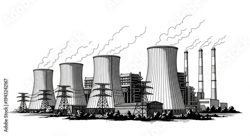 Industrial Power Plant Cooling Towers Sketch.