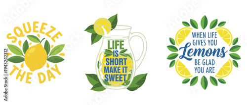 Three colorful illustrated designs featuring lemons a pitcher and motivational phrases high quality professional detailed