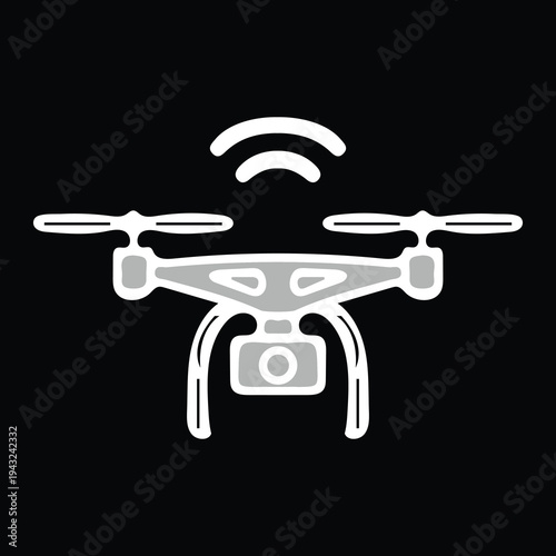 Black and grey silhouette icon of a drone with camera and Wi Fi signal . Minimalist drone icon with Wi-Fi signal, aerial photography, remote control, unmanned aircraft system vector .