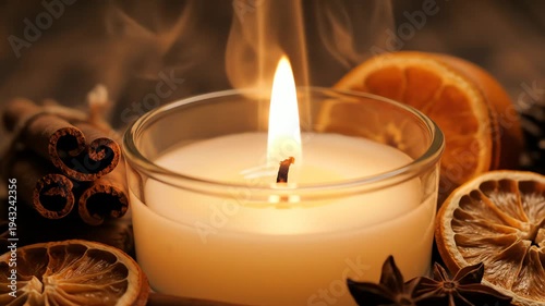 Lit candle with cinnamon sticks and citrus slices warm ambiance