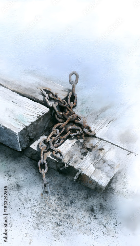 Fototapeta premium Melancholy coastal scene watercolor illustration of weathered chain link on aged pier boards