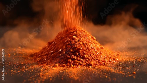 Orange powder falling on dark surface creating a cloud of dust