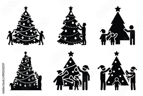 set of decorating christmas tree icon elements collection.
