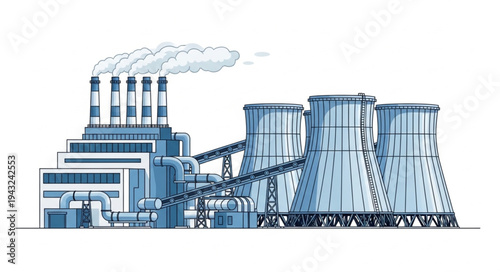 Industrial Power Plant Illustration with Cooling Towers.