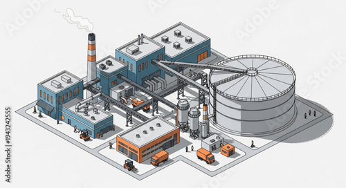 Industrial Power Plant Facility with Large Storage Tank and Smokestack.