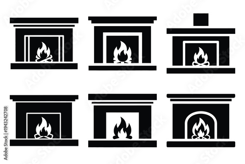 set of fireplace with fire icon elements collection.