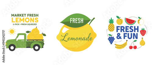 Colorful vector illustration showcasing fresh lemons lemonade and various fruits with a market theme