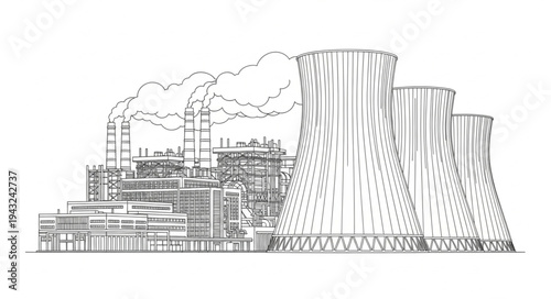 Industrial Power Plant with Cooling Towers and Smoke.