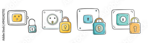 Cartoon icons showing electrical outlets secured with padlocks for safety.