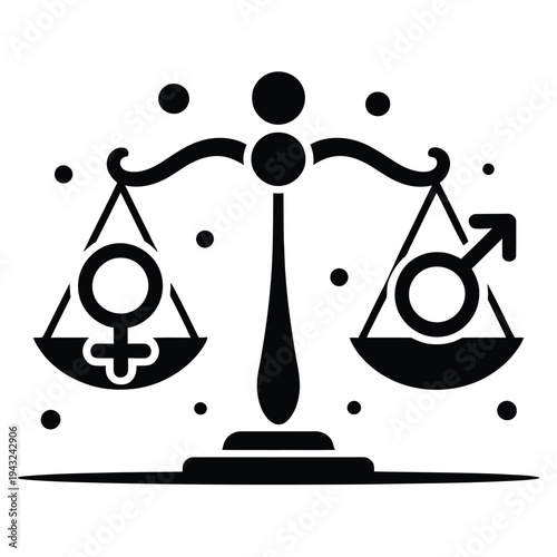 Equality balance scale icon featuring gender symbols, representing gender equality, equal rights, social justice, and diversity concept vector
