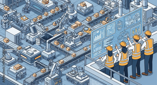Modern automated factory production line with workers overseeing operations.