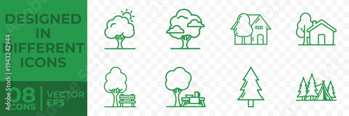 A flat vector graphic featuring eight eco-friendly icons, including trees, houses, and parks, designed in a simple and modern style.