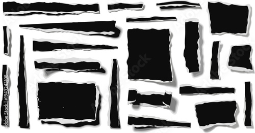 Set of 20 Black Torn Paper Pieces Vector with Realistic Ripped Edges and Shadows for Design Elements, Frames, or Textures