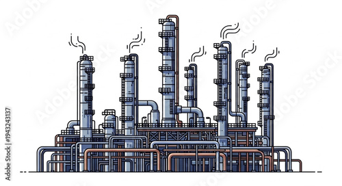 Industrial Refinery Plant with Smokestacks.
