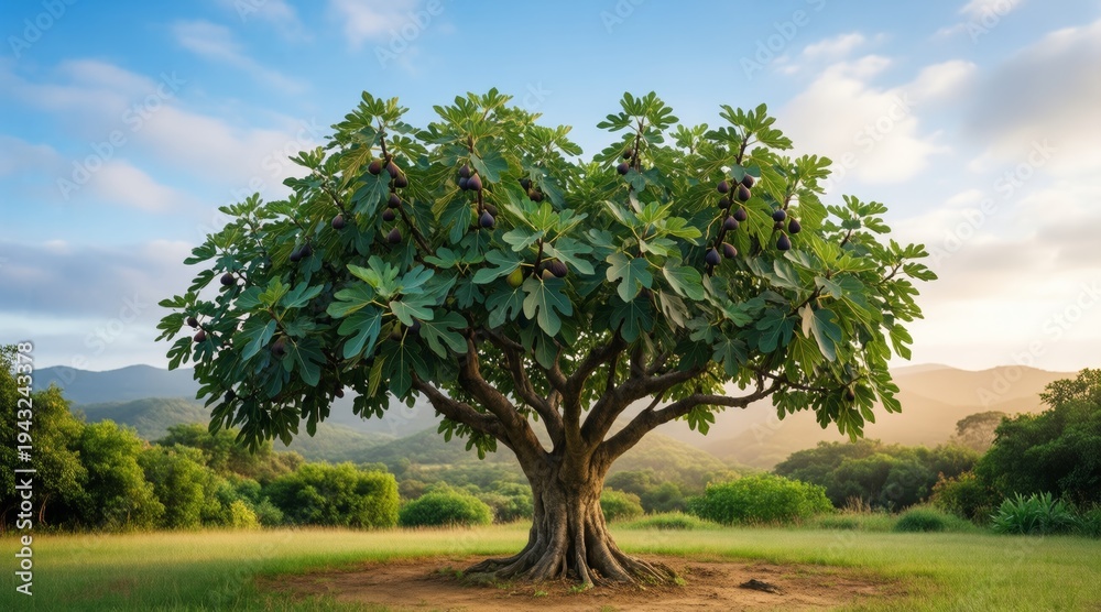Fototapeta premium Fig tree in grassy field with mountains in background, lush leaves, ripe figs. Concept of subtropical garden, serene beauty, snowy plateau, natural abundance.
