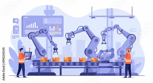 Automated Factory Production Line with Robotic Arms and Human Workers Vector Illustration for Industrial Automation and Smart Manufacturing