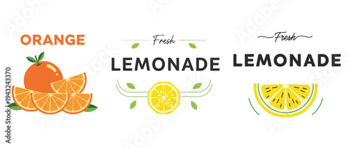 A colorful arrangement displaying fresh orange slices and vibrant lemonade illustrations with decorative text