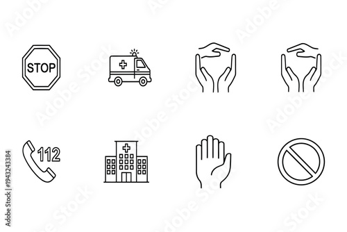 Collection of road and gesture icons with stop sign and ambulance