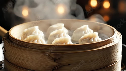 Steaming dumplings in bamboo basket food photography