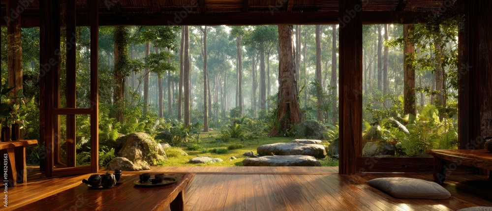 Fototapeta premium Serene Forest View from Wooden House Interior with Tea Set and Cushions in Zen Garden Style