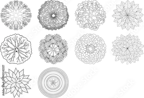 Nine black and white mandala designs isolated on transparent background