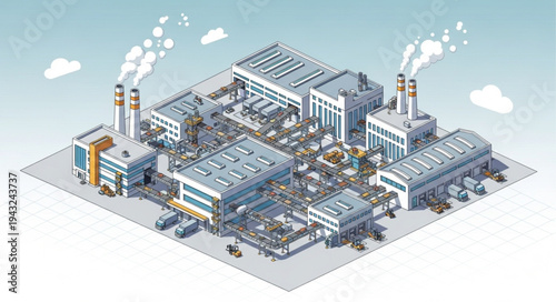 Isometric Industrial Factory Manufacturing Plant Complex.